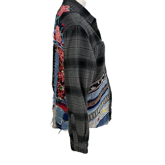 Upcycled Flannel Shirt Shacket Womens Large Skull Cowboy Jacket Grunge Patchwork - Picture 14 of 15
